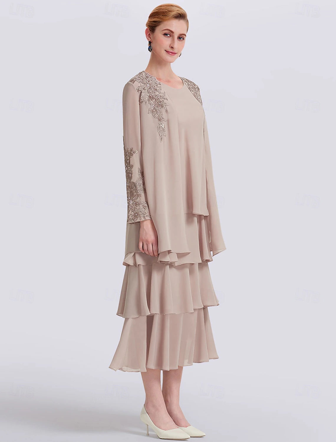 Buyishang Two Piece A-Line Mother of the Bride Dress Elegant Simple Jewel Neck Tea Length Lace Stretch Chiffon Long Sleeve Wrap Included Jacket Dresses with Appliques Solid Color free custom size